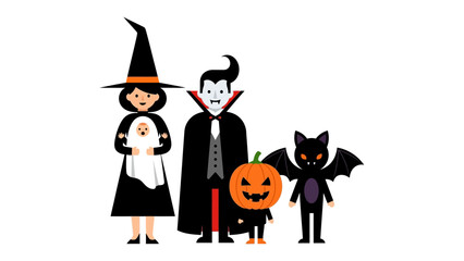 Halloween Crew: A cartoon illustration of a spooky Halloween gathering, featuring a witch, vampire, jack-o'-lantern, bat, and ghost.