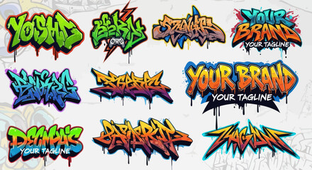 A diverse collection of colorful urban graffiti style logos and text effects. © Anak