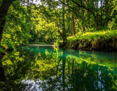 A sun-drenched forest scene reflects in still, turquoise water. Lush greenery forms a canopy, creating a peaceful, inviting, natural environment - Powered by Adobe