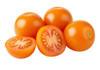 Isolated cherry tomatoes group some halved delicious fresh bright orange food vitamin source