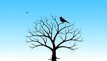 A silhouette of a tree, devoid of leaves, against a gradient blue sky, with a perched bird on its branches, and another in flight