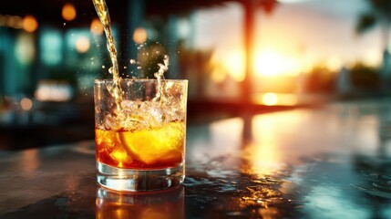 A beautifully poured cocktail glistens with ice cubes, reflecting sunlight while capturing the essence of relaxation and summer vibes at a scenic sunset.