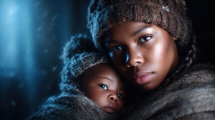 A tender portrait of a mother holding her child close, wrapped in warm blankets, encapsulating the warmth of love amid the cold beauty of winter.