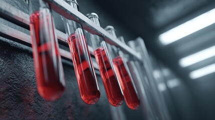 Test tubes holding red fluid in a scientific lab
