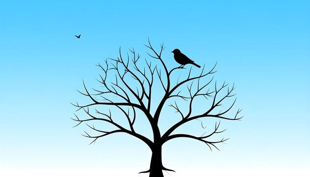 A silhouette of a tree, devoid of leaves, against a gradient blue sky, with a perched bird on its branches, and another in flight - Powered by Adobe