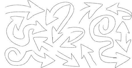 Collection of Hand Drawn Sketchy Arrows Pointing in Various Directions on White Background pointer drawing