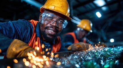 A dedicated worker operates glass recycling machinery, showcasing the importance of sustainable practices and teamwork in industrial environments for a greener future.