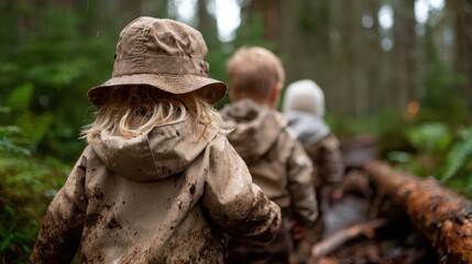 Three children in muddy outfits embark on an adventurous trek through a lush forest, embodying the spirit of exploration, curiosity, and the joy of nature playing.