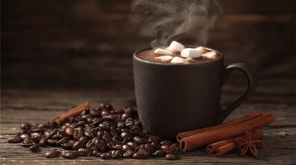 Hot chocolate with marshmallows and cinnamon sticks on a wooden surface.
