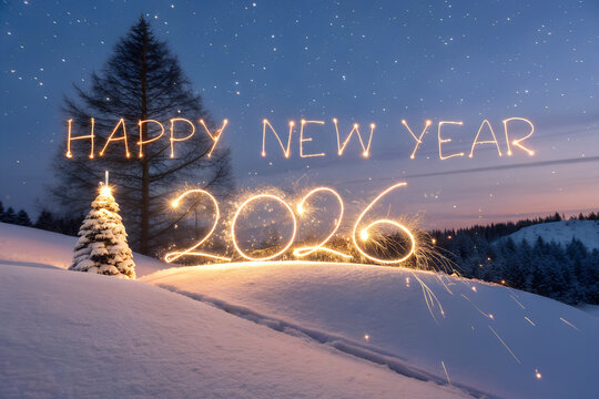 2026 Happy New Year snowy landscape with sparkler-style text, glowing tree, and starry sky — perfect for festive greetings and seasonal celebration visuals. generative ai