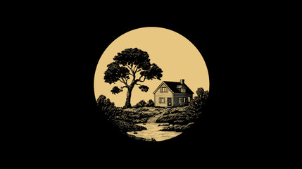 Classic woodcut style illustration of a charming rustic house, large tree, and winding path in a serene countryside setting, vintage graphic art.