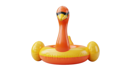Isolated inflatable pool toy in the shape of a yellow and orange flamingo, no background
