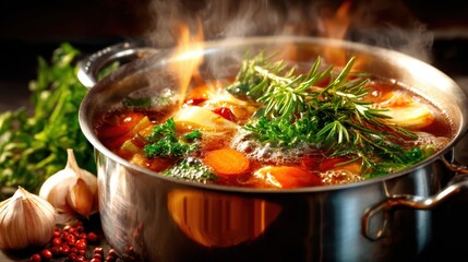 This vibrant vegetable soup showcases fresh herbs and colorful vegetables simmering in a pot, exuding warmth and inviting aromas that awaken appetites.