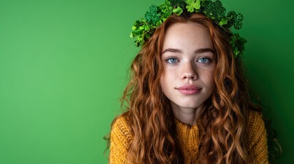 A beautiful young girl with captivating red hair adorned with a green crown of clovers against a vivid green background, symbolizing nature, youth, and vibrant beauty.
