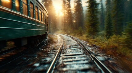 Obraz premium A vintage-style train glides through a misty forest landscape at sunrise, evoking nostalgia and a sense of adventure amid natural beauty and atmospheric ambiance.