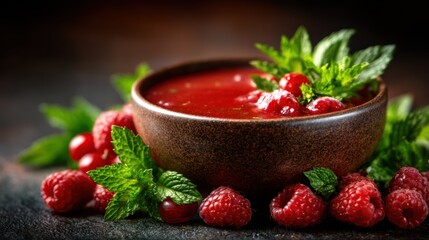 A decadent bowl of raspberry soup, beautifully garnished with fresh mint leaves, showcases vibrant colors and exquisite presentation, perfect for gourmet culinary experiences or desserts.
