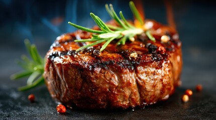 A mouth-watering grilled steak garnished with fresh rosemary, evoking feelings of warmth and indulgence, making it ideal for culinary and food photography themes.