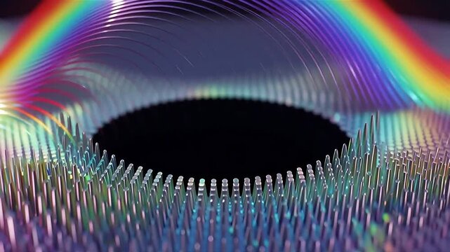 Ultra-macro CGI of rainbow light waves bending over a plasmonic Metasurface composed of nano-pillars. The iridescent reflections shimmer across a dark void, photonic and quantum optical science.