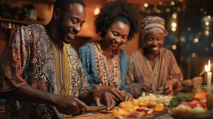 Three African friends preparing vegetables and fruits together at home. Kwanzaa greeting card with red green black  