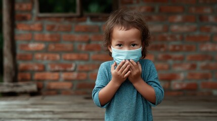A child wearing a face mask in a rustic urban setting, evoking a sense of curiosity and concern about health, safety, and the unique challenges of today’s world.