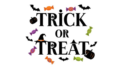Spooky Halloween Celebration: Festive imagery featuring the iconic Trick or Treat text, complemented by bats, candies, witch's hat, and pumpkins, all ready for a night of spooky festivities.
