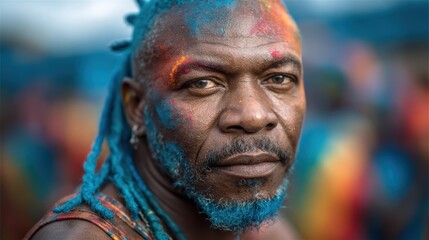 A close-up portrait of a man with colorful paint on his face and hair, exuding confidence and individuality, reflecting the essence of celebration and cultural expression.