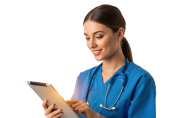 Smiling nurse in blue scrubs uses digital tablet for patient care and information isolated on transparent background