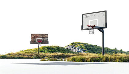 Two outdoor basketball court variations in natural landscapes isolated on transparent background