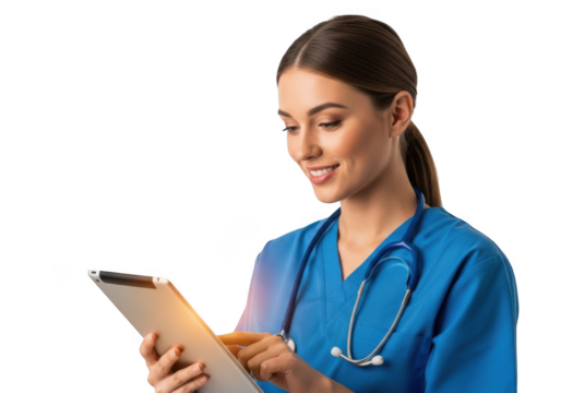 Smiling nurse in blue scrubs uses digital tablet for patient care and information isolated on transparent background