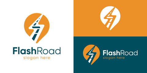 Creative simple flash road logo template. Pin map location route with bolt lightning logo design vector illustration.