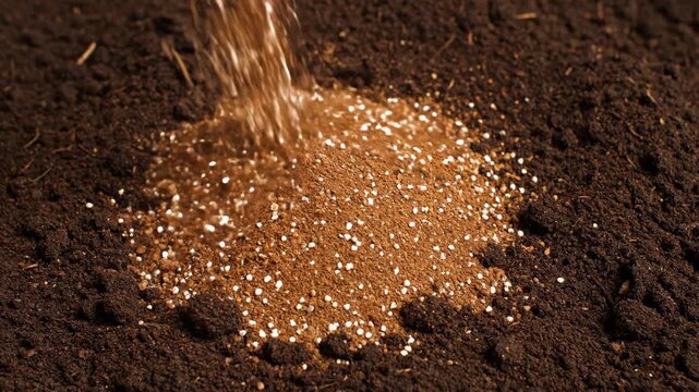 Close-Up of Granules Being Sprinkled onto Dark Soil Texture