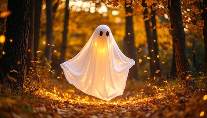 Glowing Sheet Ghost Amidst Warm Autumn Leaves and Forest Lights