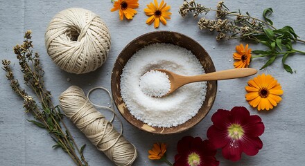 Natural dye mordant process bowl of salt with twine, dried flowers and marigold flowers