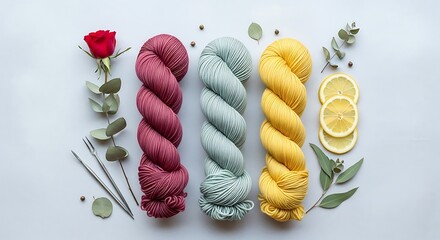 Natural dye mordant process colorful yarn skeins with rose and lemon for knitting crafts