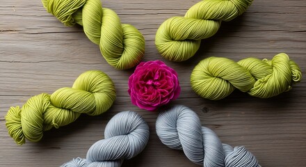 Natural dye mordant process yarn and rose on wooden background