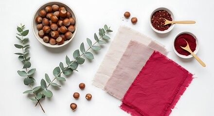 Natural dye mordant process hazelnuts and spices on a white background