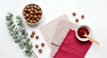 Natural dye mordant process hazelnuts, eucalyptus branch, linen napkins, and red spice