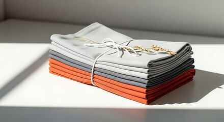 Natural dye mordant process stack of folded linen napkins in various colors tied with twine