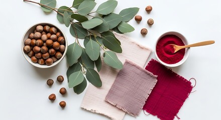 Natural dye mordant process hazelnuts, fabric swatches, and red pigment with leaves