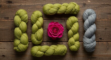 Natural dye mordant process green and grey yarn skeins arranged with a pink rose