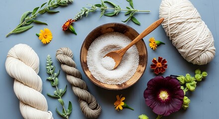 Natural dye mordant process natural dyeing ingredients and yarn on a blue background