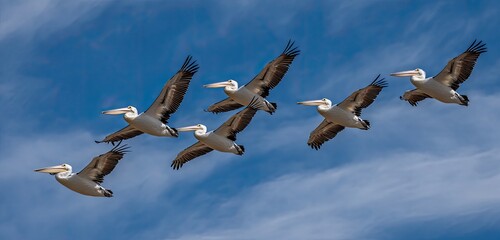 Obraz premium Group of seven pelicans soaring through a partly cloudy blue sky, wings outstretched