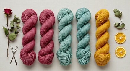 Natural dye mordant process bundles of colorful yarn with dried orange slices and rose