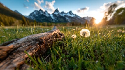A breathtaking sunset illuminates majestic mountains silhouetted against the sky, casting serene reflections on the grassy field below, showcasing nature's splendid beauty.
