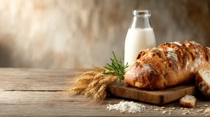 A rustic composition features freshly baked bread and a jar of milk on a wooden table, symbolizing comfort and homeliness in a warm, inviting kitchen environment.