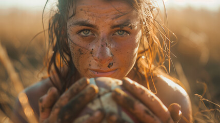 Motivational portrait of a muddy female athlete holding a ball