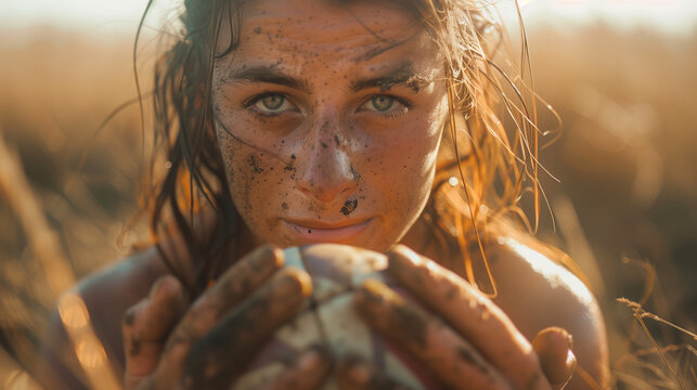 Motivational portrait of a muddy female athlete holding a ball