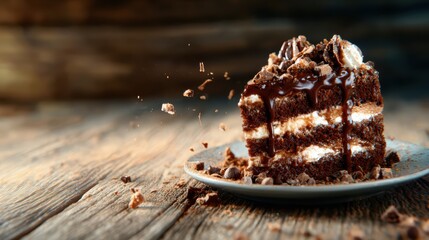 A decadent slice of chocolate cake topped with nuts and sprinkles sits invitingly on a plate, capturing the essence of indulgence and culinary artistry in dessert presentation.