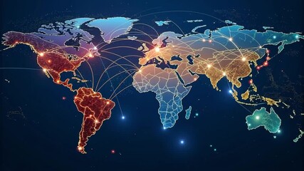 Global network communication concept illuminated world map showing interconnected cities continents connected points glowing lines representing digital connection data exchange technology across world - Powered by Adobe