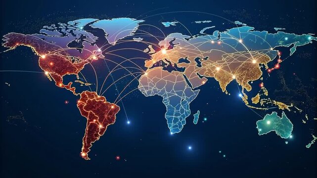 Global network communication concept illuminated world map showing interconnected cities continents connected points glowing lines representing digital connection data exchange technology across world